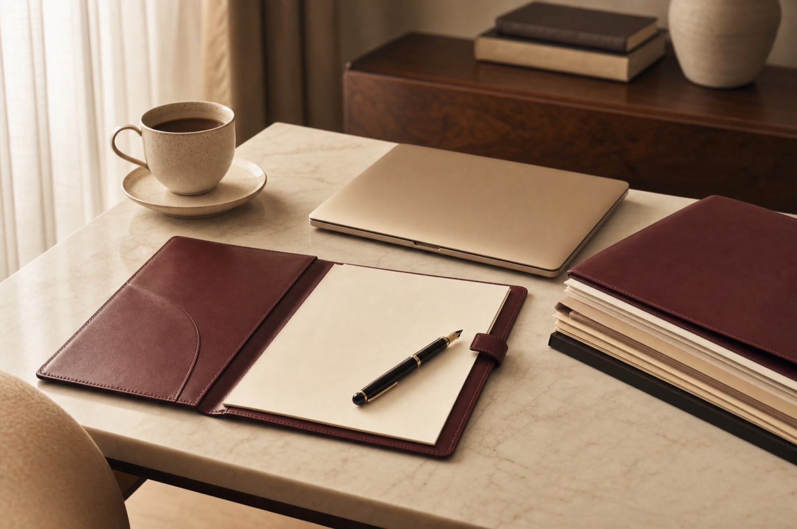 Espace de travail administratif organisé, dossiers et documents
