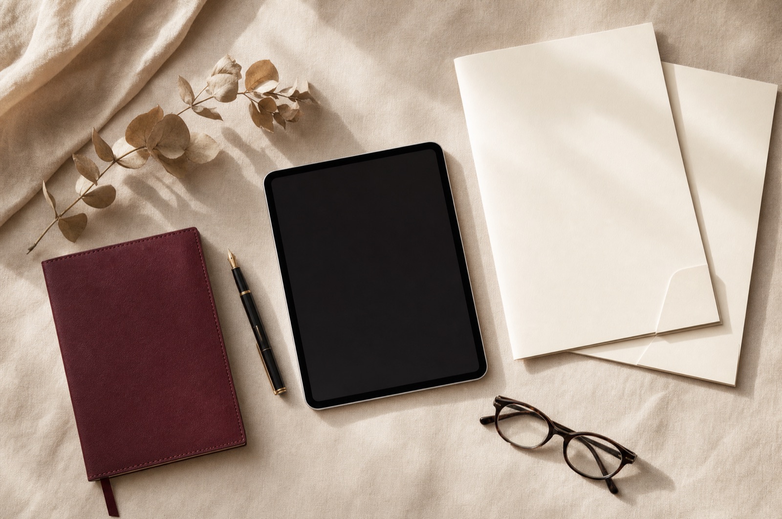 Documents et outils de travail disposés avec soin